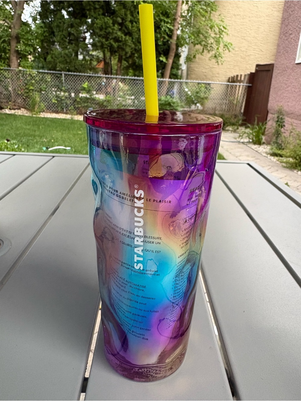 Starbucks Iridescent Purple Blue Glass Tumbler with Yellow Straw